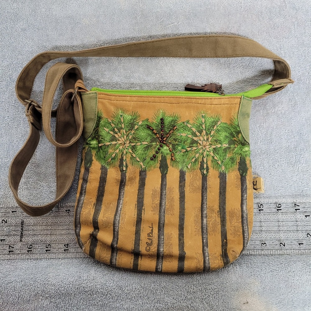 Paul Brent Beach Life Palm Tree Canvas Crossbody Bag Brown Green Tropical‎